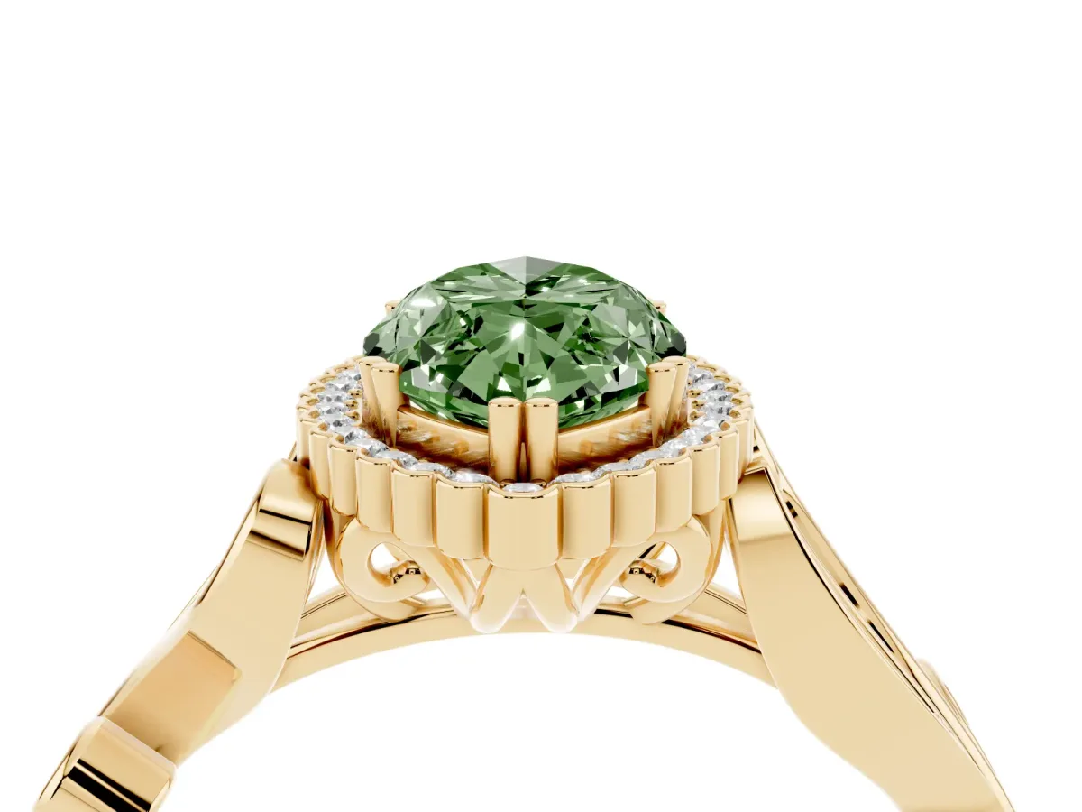 Fancy Green Marquise Cut Diamond Halo Ring with Vintage Split Shank and Four-Prong Setting Yellow gold