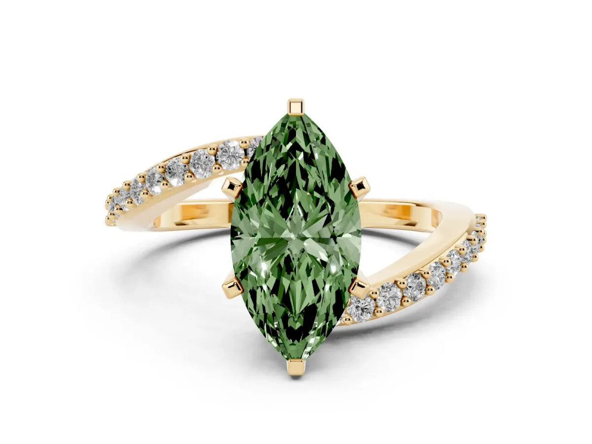 Fancy Green Marquise Cut Solitaire Twist Band with Pave Set Diamonds and Four-Prong Setting Yellow gold