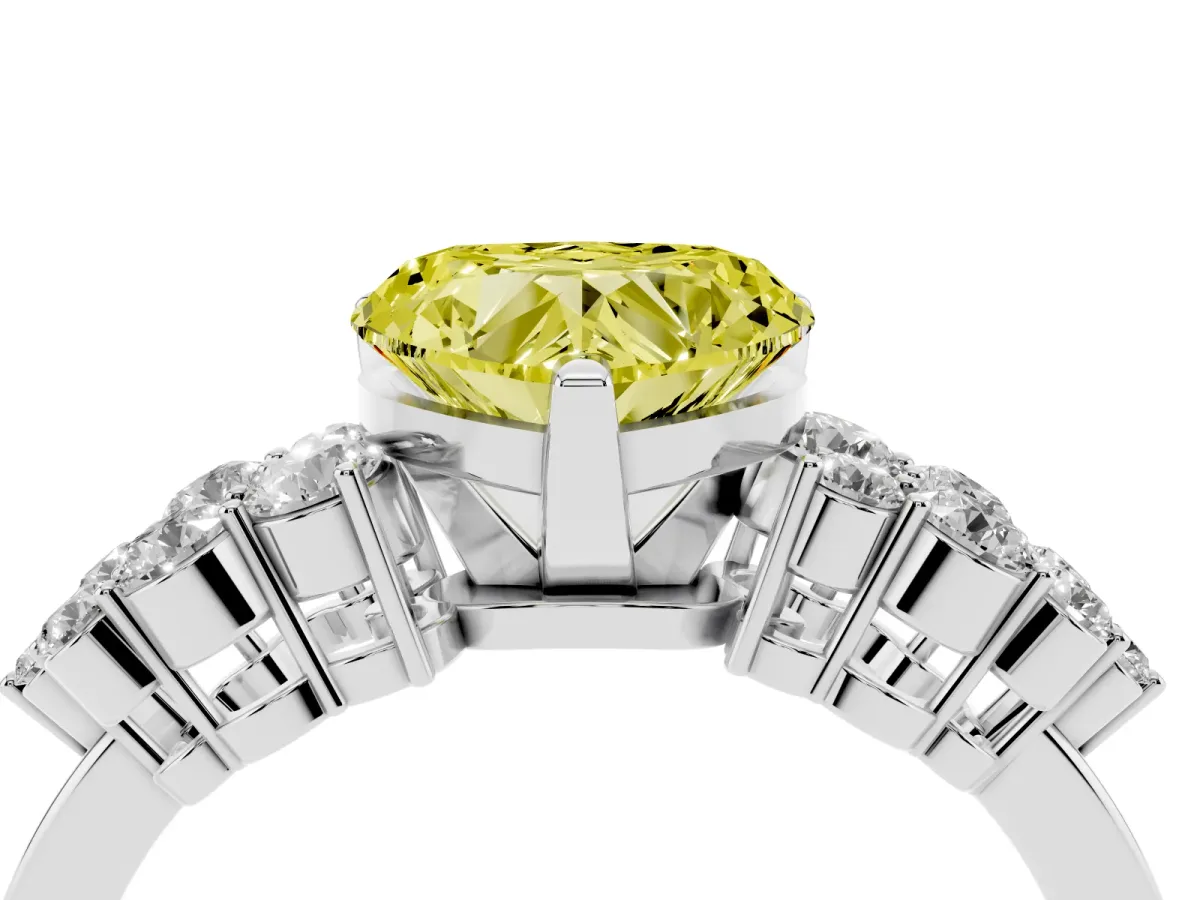 Fancy Yellow Heart Cut Cluster Diamond Engagement Ring with Pavé Band and Four-Prong Setting White gold