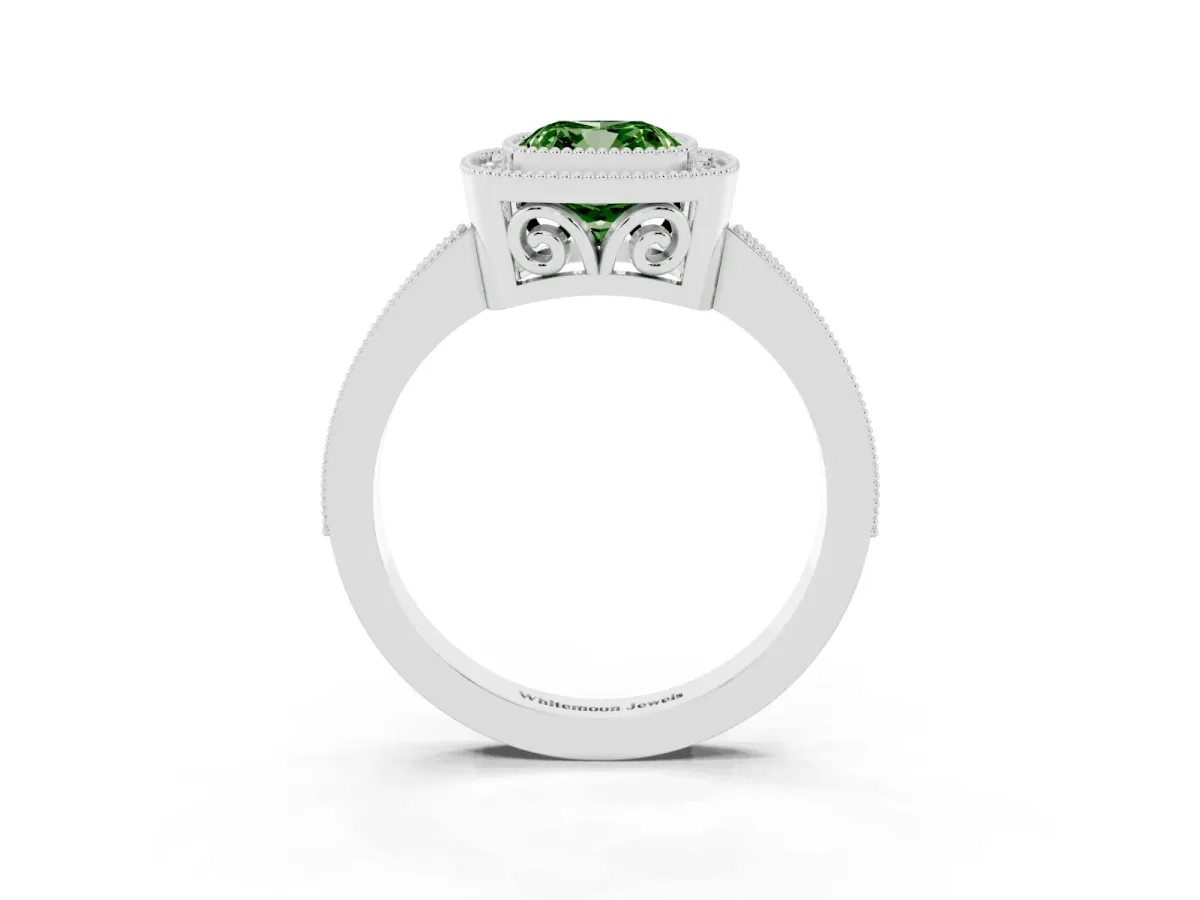 Fancy Green Cushion Cut Cut Halo Diamond Ring with Pavé Band and Milgrain Prong Setting Platinum