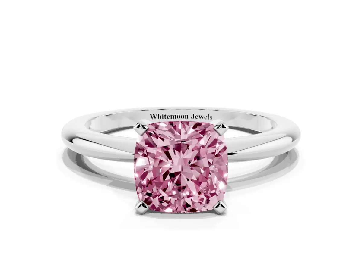 Fancy Pink Cushion Cut Diamond Solitaire Ring with Prong Setting and Classic Band Silver
