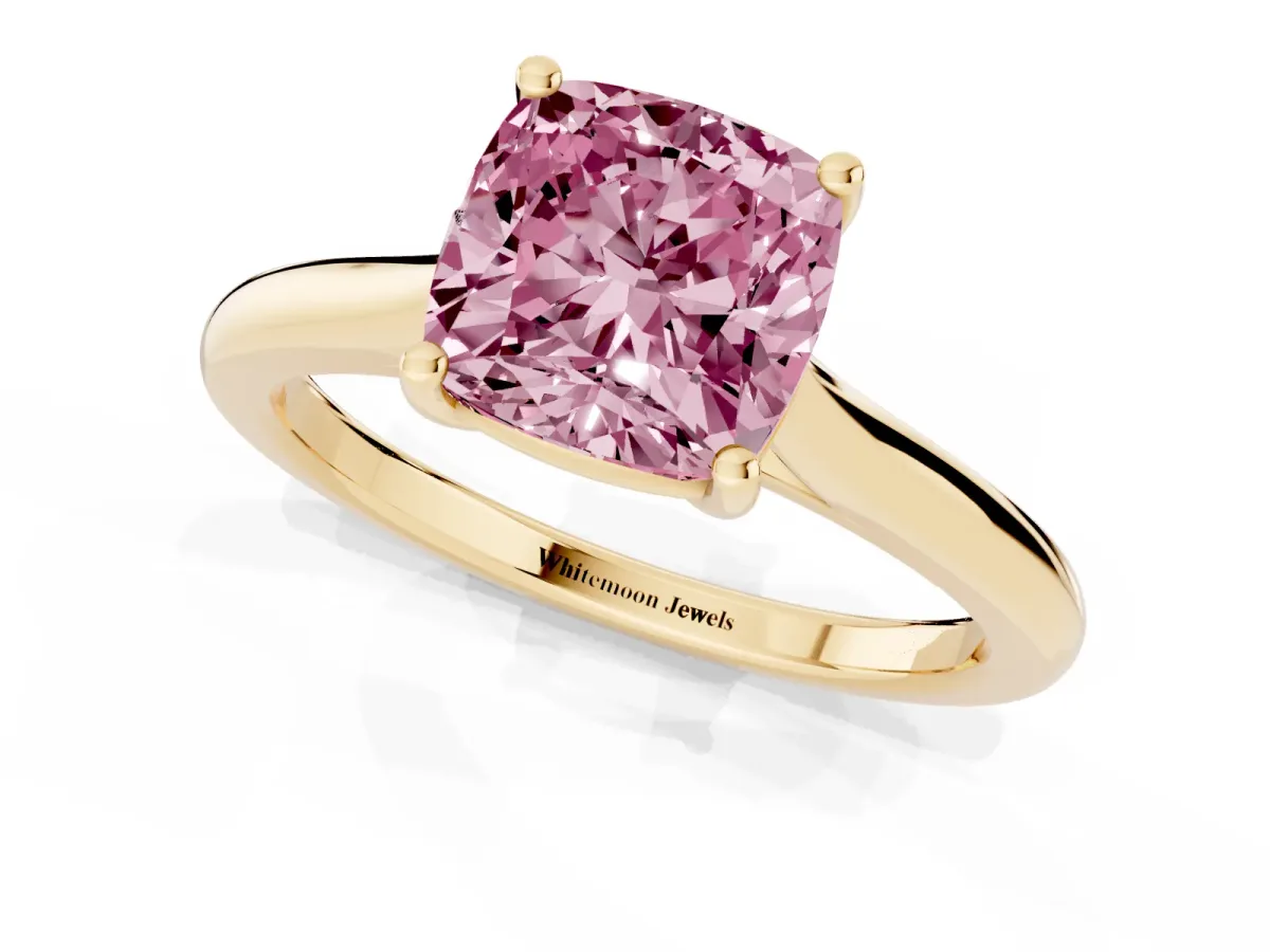 Fancy Pink Cushion Cut Cut Solitaire Ring with Cathedral Band and Four-Prong Setting Yellow gold