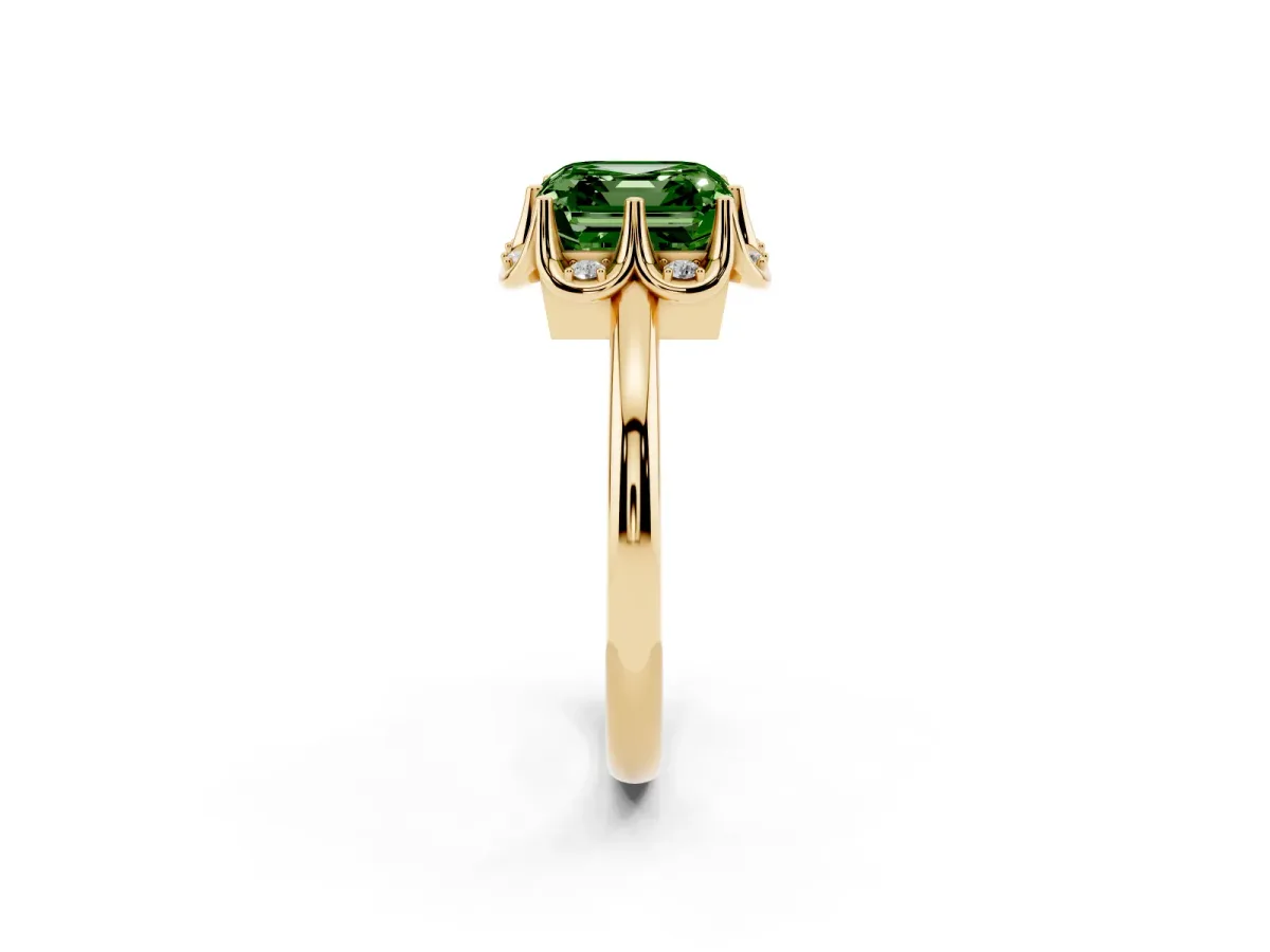 Fancy Green Asscher Cut Halo Diamond Ring with Round Cluster Setting, Solitaire Band, and Four-Prong Setting Yellow gold