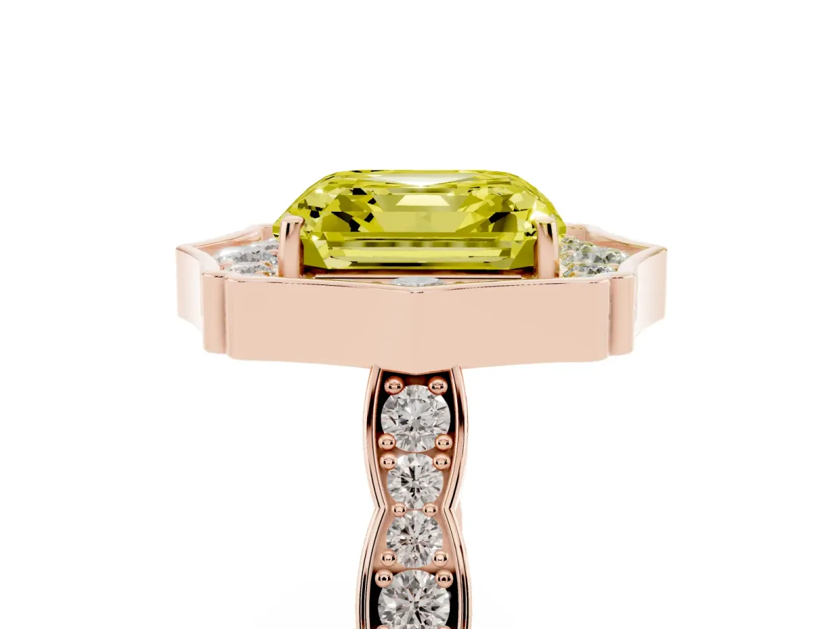 Fancy Yellow Asscher Cut Halo Diamond Engagement Ring with Milgrain Band and Four-Prong Setting Rose gold