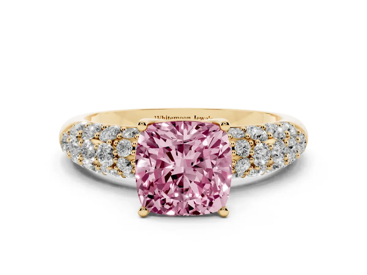 Fancy Pink Cushion Cut Diamond Pavé Band Solitaire Ring with Four-Prong Setting Yellow gold