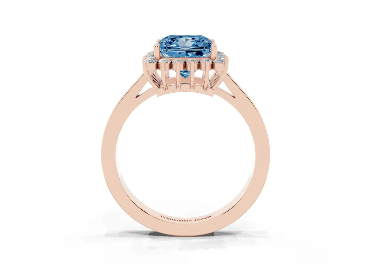 Fancy Blue Princess Cut Cut Diamond Halo Ring with Round Brilliant Halo and Solitaire Band Rose gold