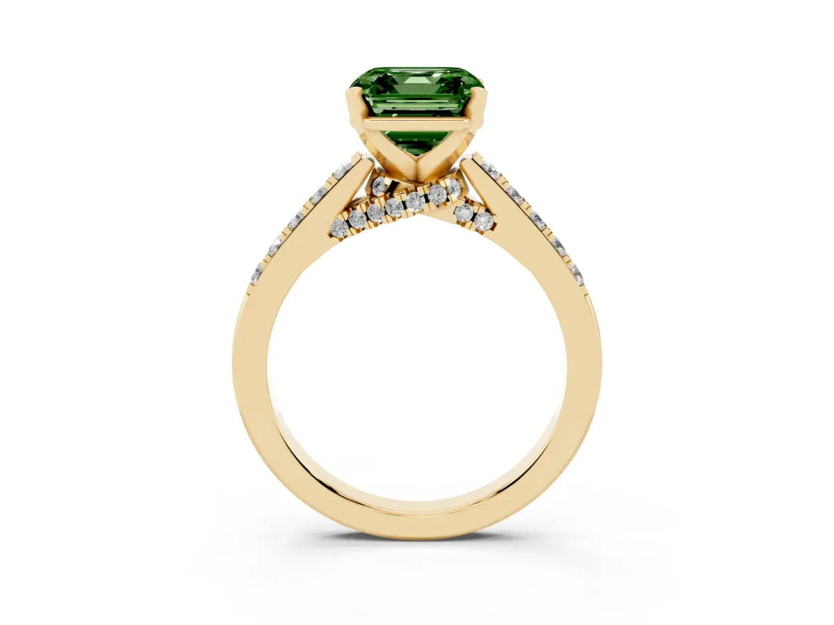 Fancy Green Asscher Cut Diamond Solitaire Ring with Crossover Gallery and Round Pavé Band Yellow gold