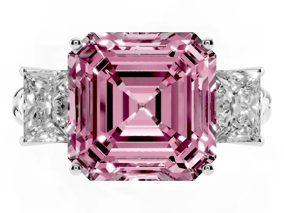 Fancy Pink Three-Stone Asscher Cut Diamond Braided Band Ring with Four-Prong Setting Platinum