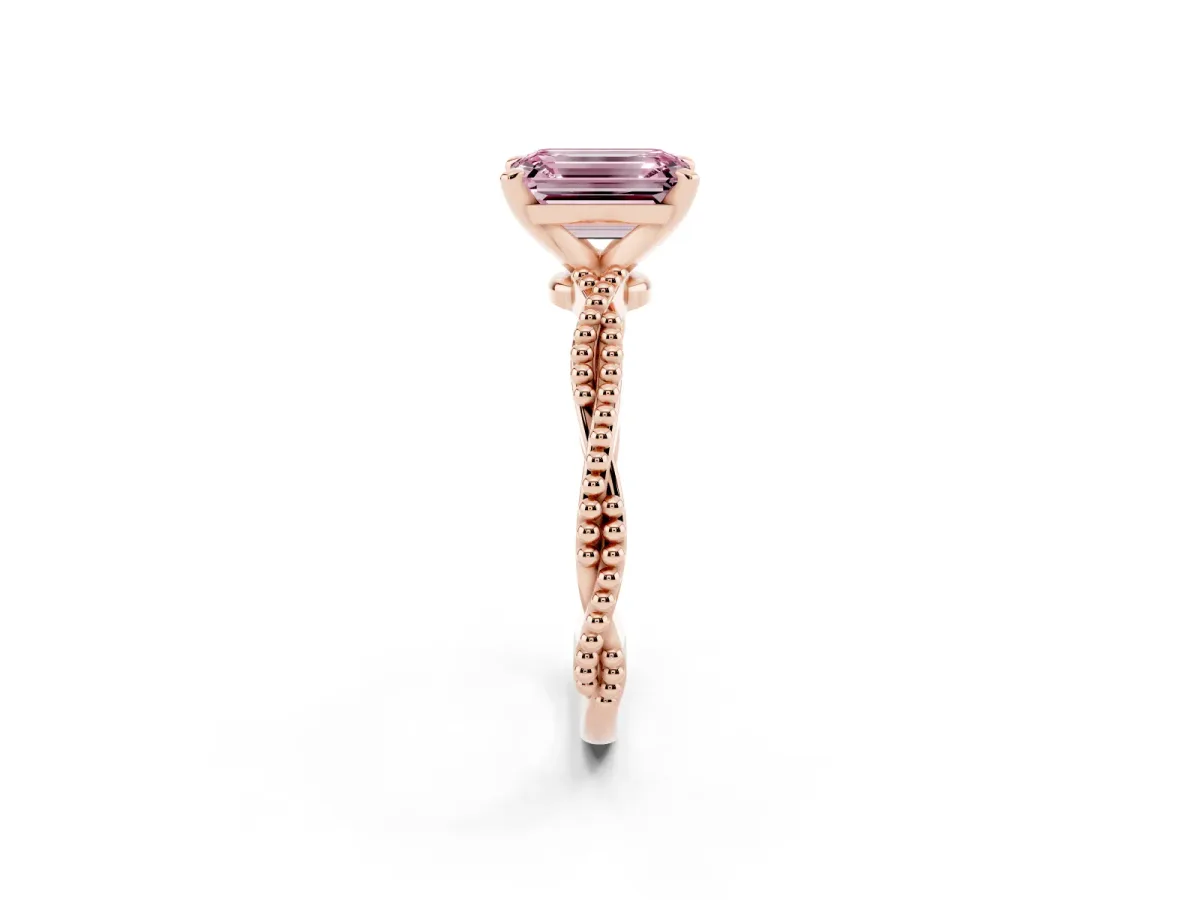 Fancy Pink Emerald Cut Solitaire Twisted Band with Bead Prong Setting Rose gold