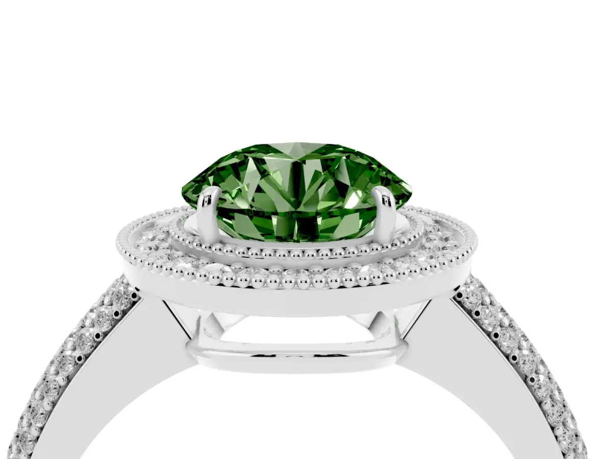 Fancy Green Round Cut Cut Halo Diamond Pave Band with Four-Prong Setting Platinum