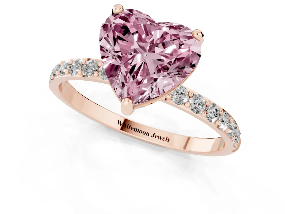 Fancy Pink Heart Cut Diamond Solitaire Ring with Round Pavé Band and Prong Setting Rose gold