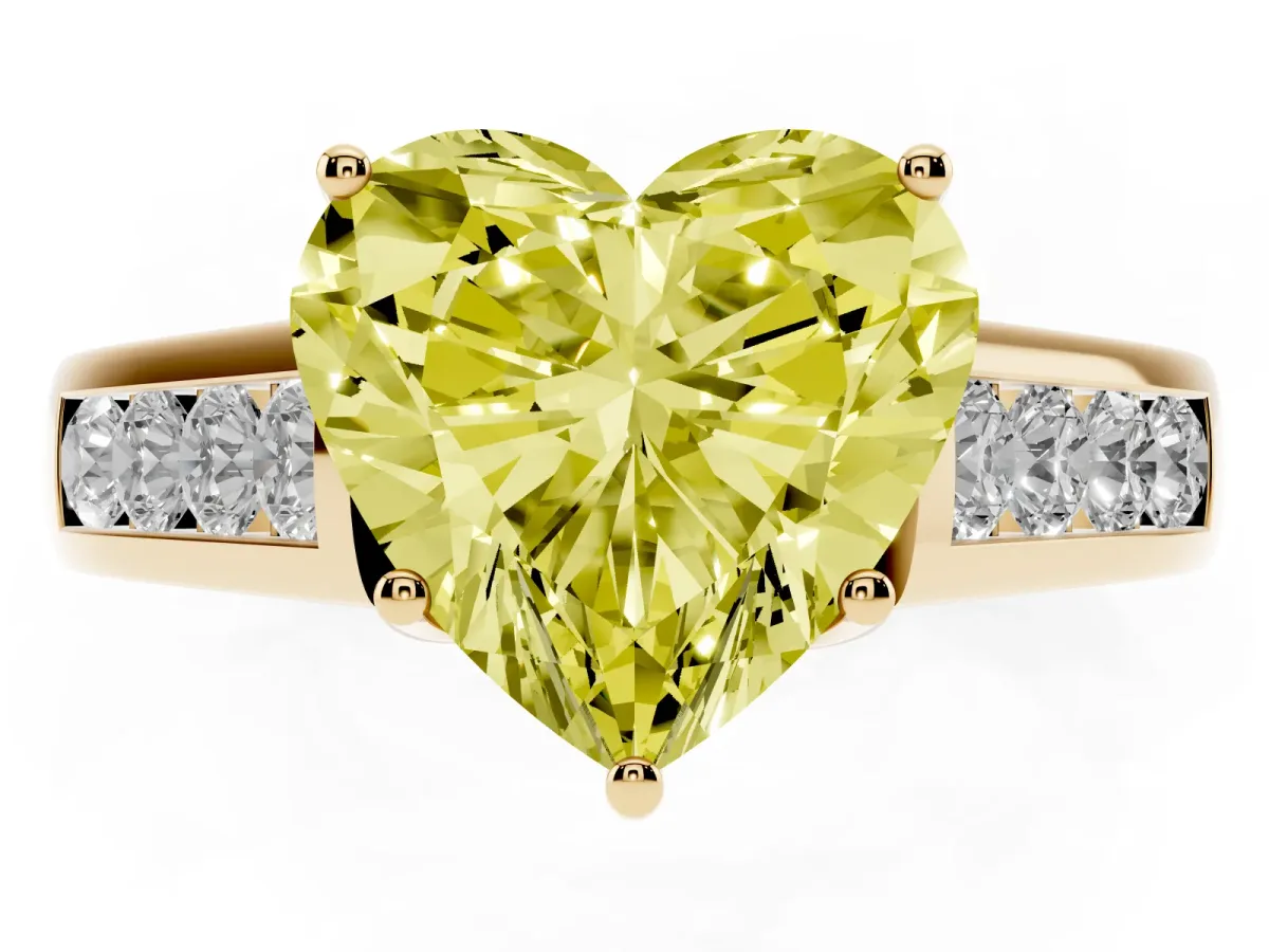 Fancy Yellow Heart Cut Solitaire Channel-Set Diamond Engagement Ring with Four-Prong Setting Yellow gold
