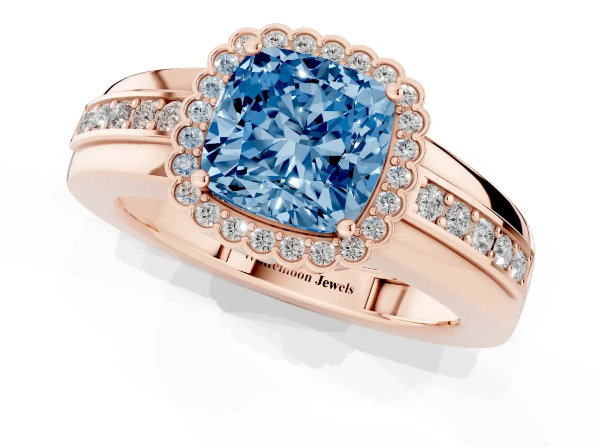 Fancy Blue Cushion Cut Cut Halo Pave Band Four-Prong Ring Rose gold