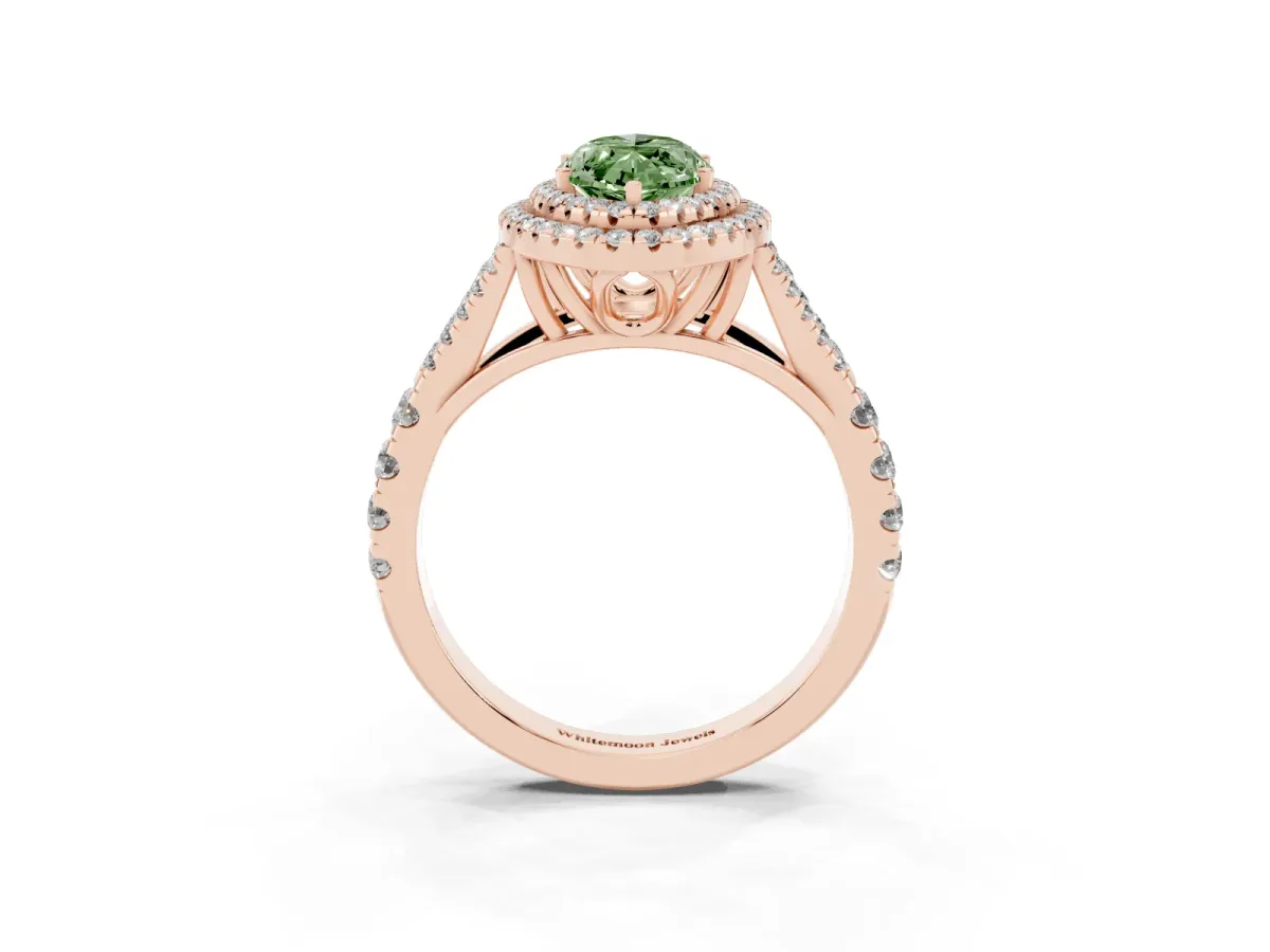 Fancy Green Double Halo Marquise Cut Diamond Split Shank Engagement Ring with Four-Prong Setting Rose gold