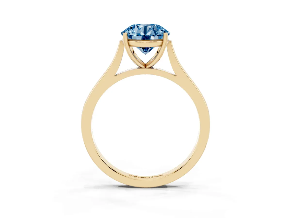 Fancy Blue Round Cut Solitaire Heart Prong Engagement Ring with Tapered Band Yellow gold