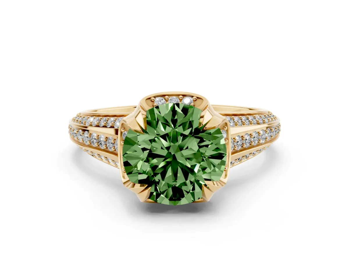 Fancy Green Round Cut Solitaire Pave Split Shank Ring with Four-Prong Setting Yellow gold