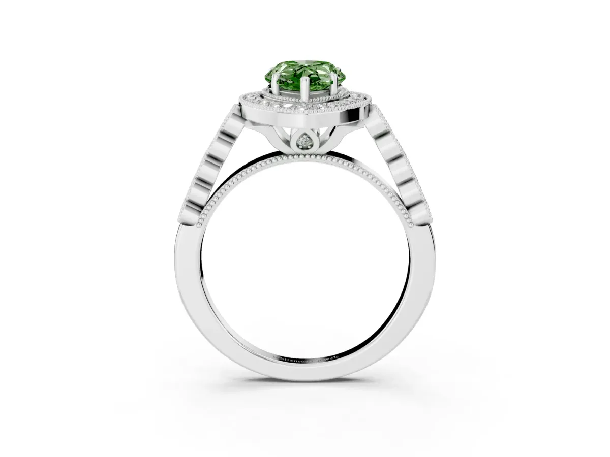 Fancy Green Pear Cut Halo Twist Band Solitaire Ring with Six-Prong Setting Silver