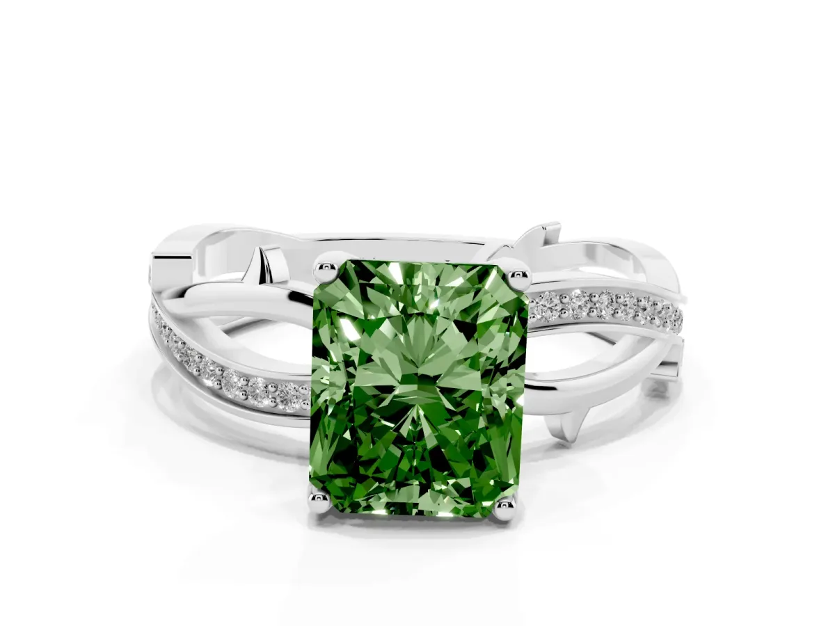 Fancy Green Radiant Cut Solitaire Twist Band with Pavé Accents and Four-Prong Setting White gold