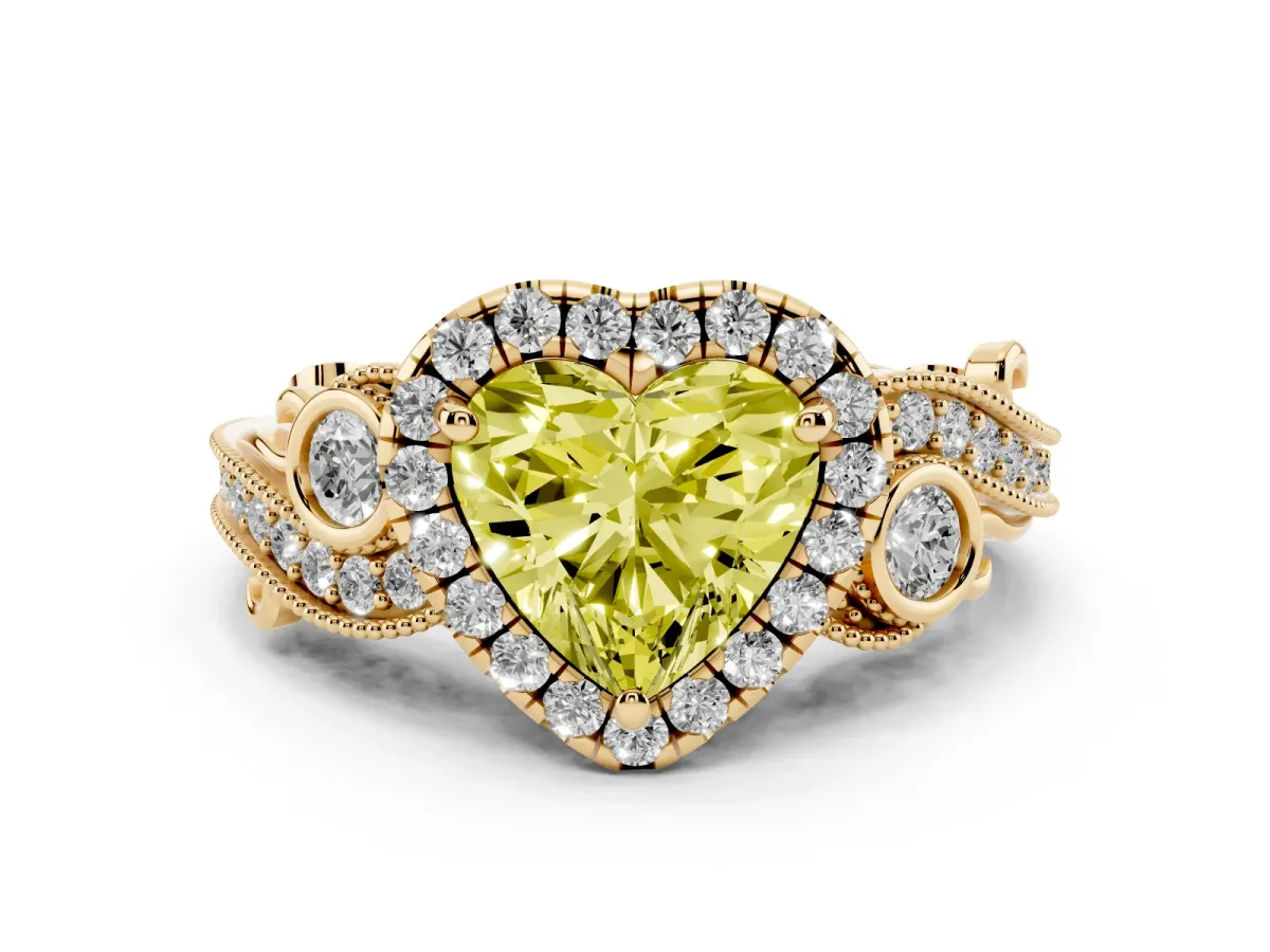 Fancy Yellow Heart Cut Diamond Halo Ring with Milgrain Pavé Band and Four-Prong Setting Yellow gold