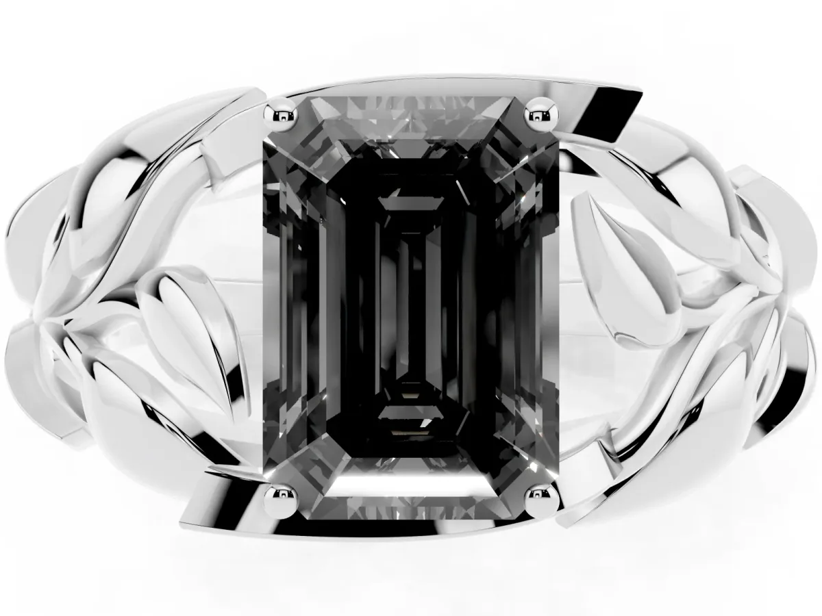 Fancy Black Emerald Cut Diamond Leaf-Inspired Engagement Ring with Round Accents and Prong Setting Silver