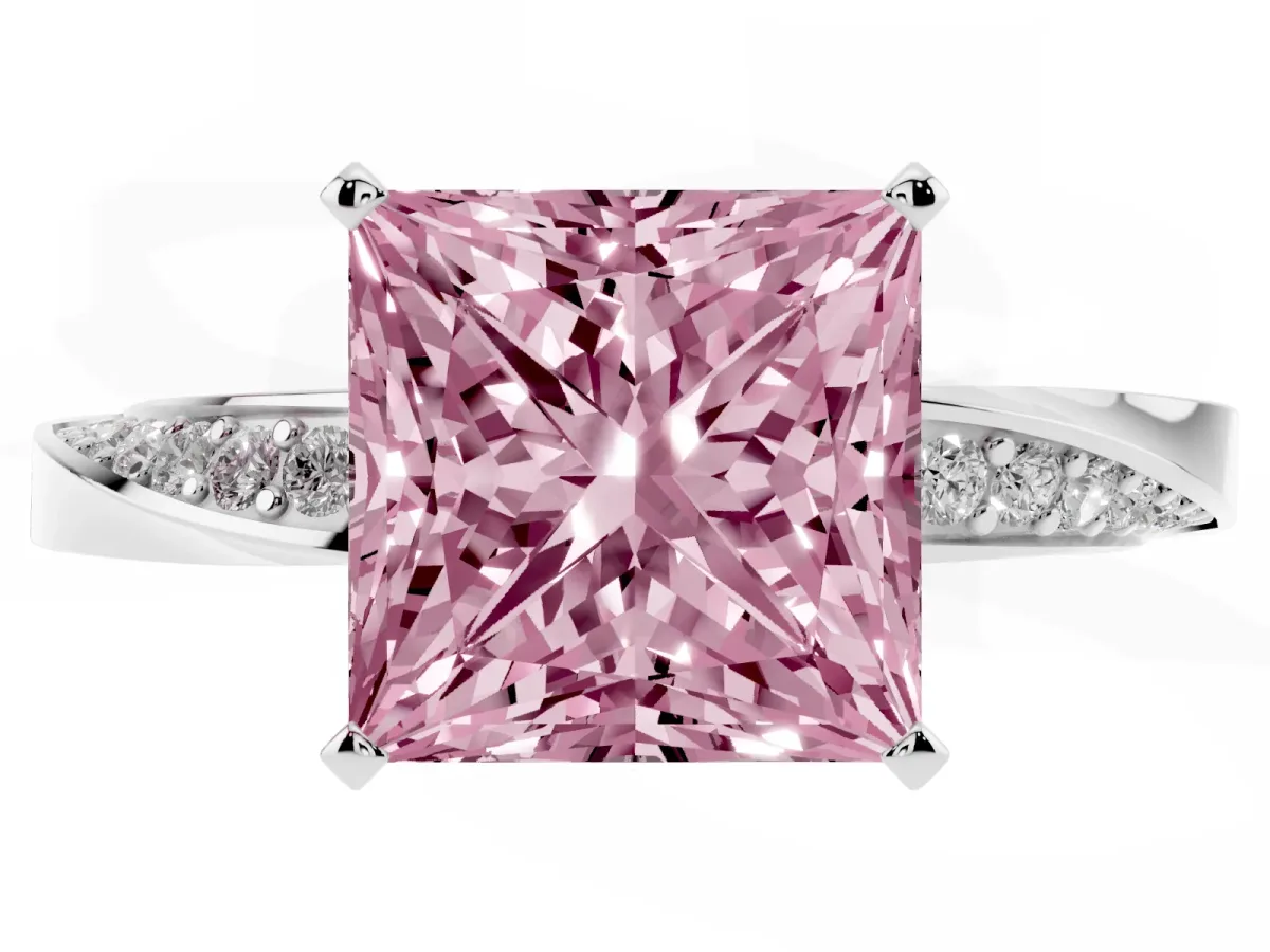Fancy Pink Princess Cut Diamond Engagement Ring with Side Stone Accents and Four-Prong Setting Platinum