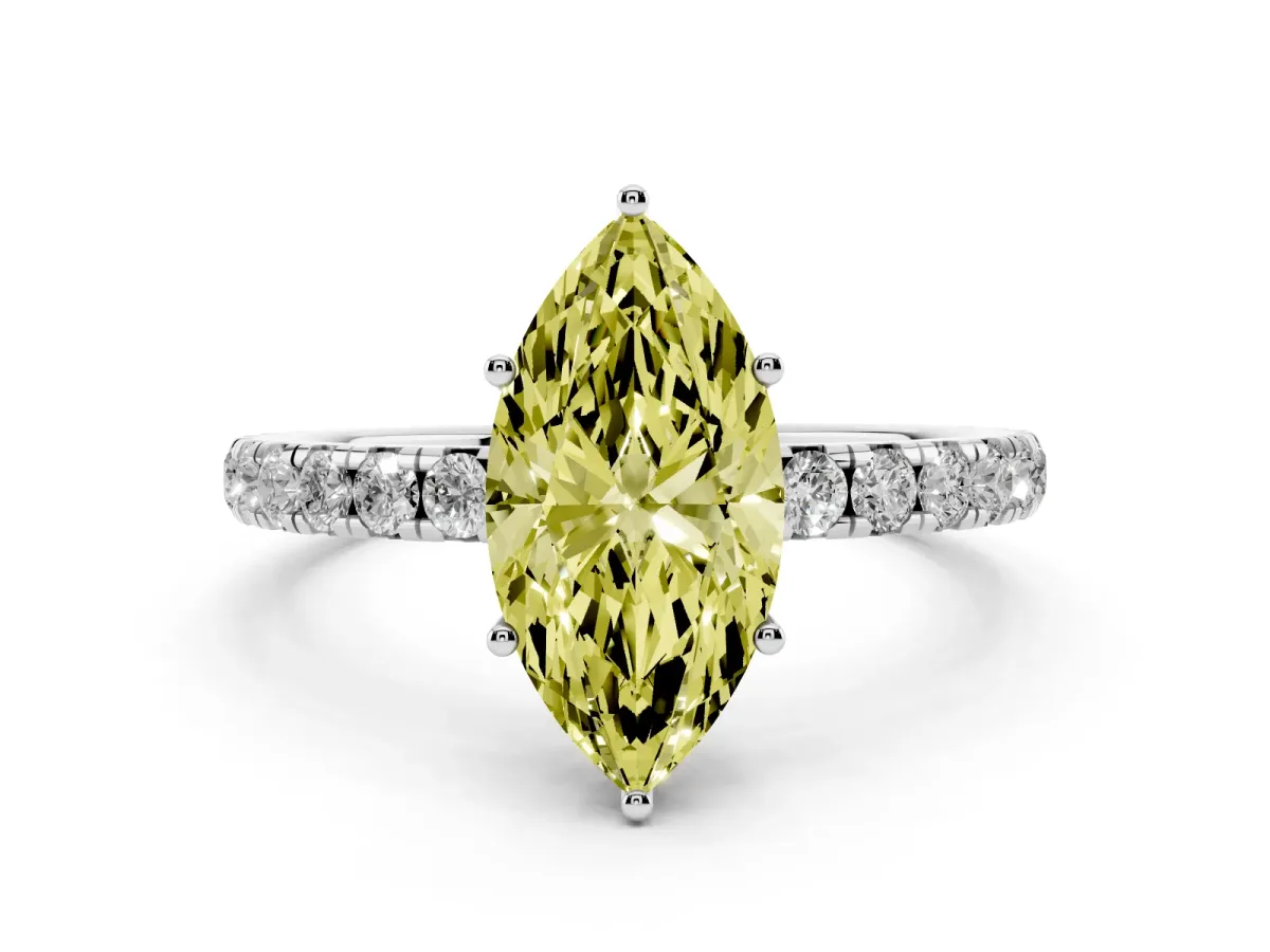 Fancy Yellow Marquise Cut Diamond Pavé Solitaire Engagement Ring with Four-Prong Setting Silver