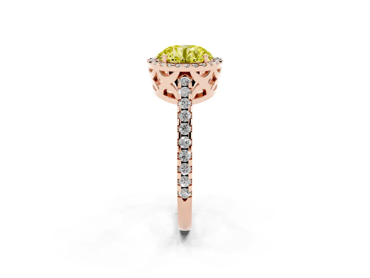 Fancy Yellow Round Cut Diamond Halo Engagement Ring with Pavé Band and Prong Setting Rose gold