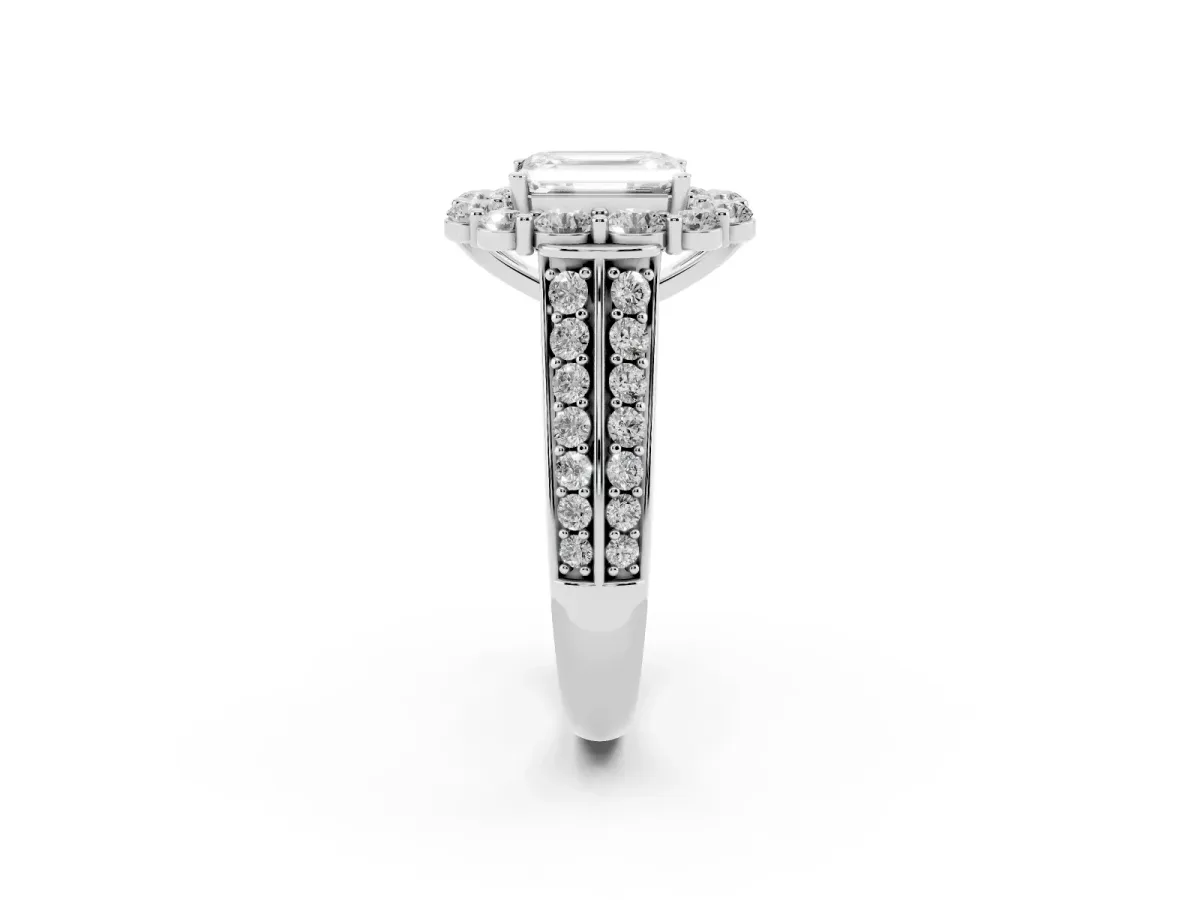 Emerald Cut Halo Diamond Engagement Ring with Split Shank and Prong Setting Silver