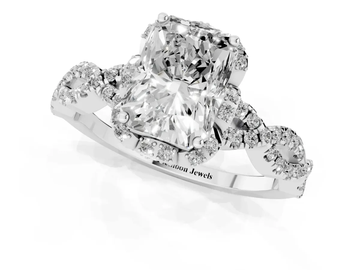 Radiant Cut Halo Twist Band Solitaire Ring with Six-Prong Setting Silver