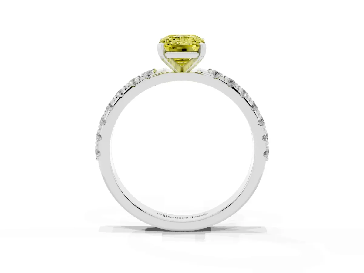 Fancy Yellow Emerald Cut Diamond Solitaire Pavé Band with Four-Prong Setting Silver