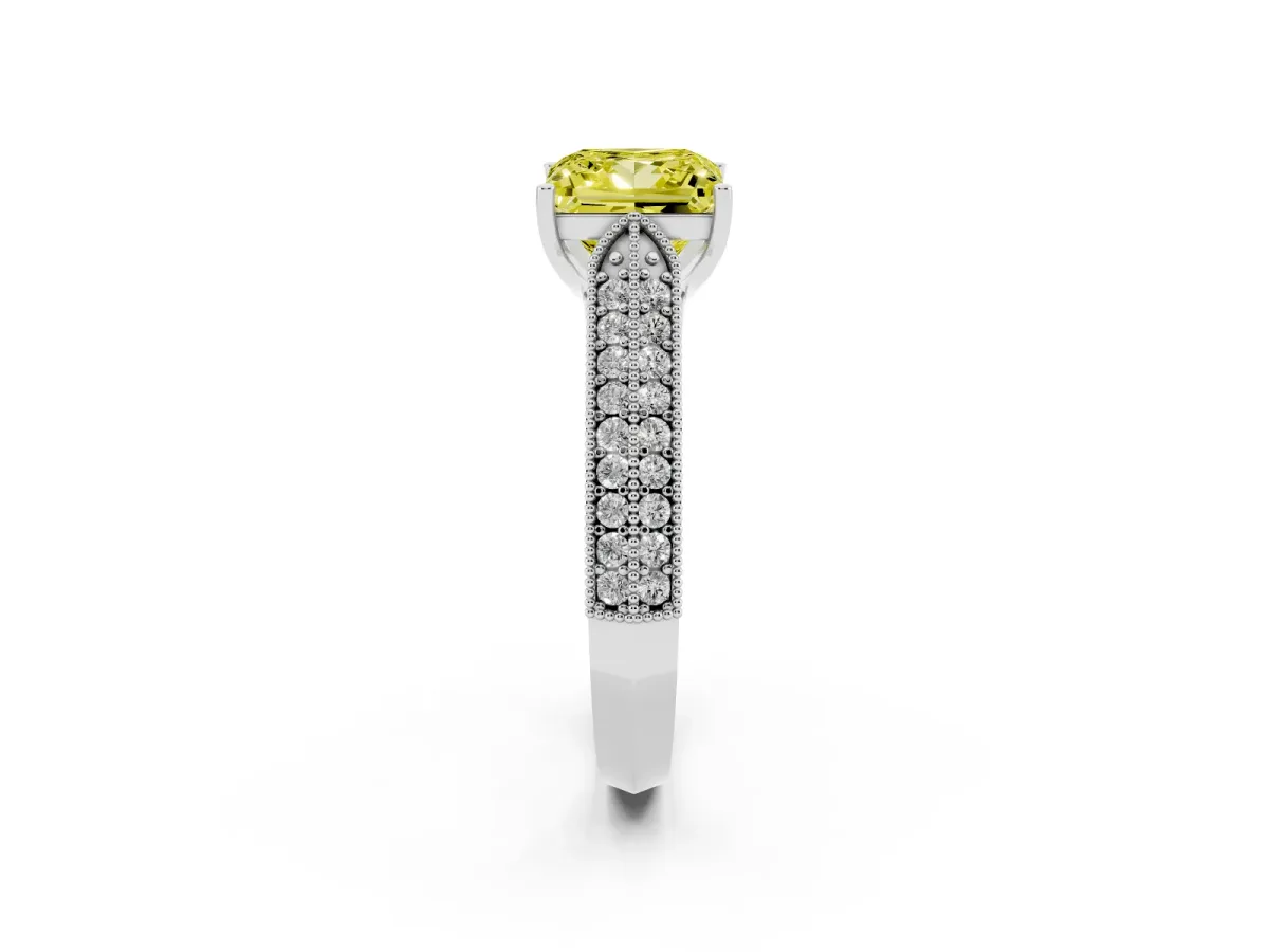 Fancy Yellow Princess Cut Cut Pave Split Shank Engagement Ring with Four-Prong Setting White gold