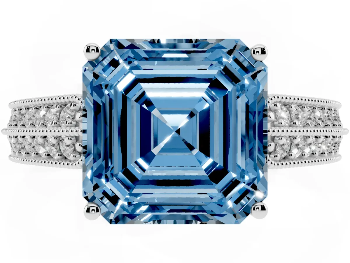 Fancy Blue Asscher Cut Cut Pave Split Shank Engagement Ring with Four-Prong Setting Platinum