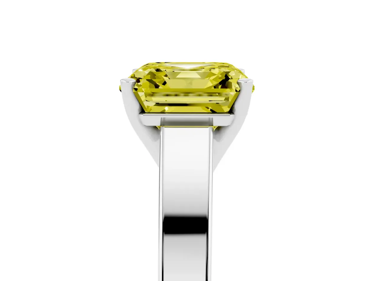 Fancy Yellow Asscher Cut Solitaire Engagement Ring with Four-Prong Setting and Tapered Band Platinum