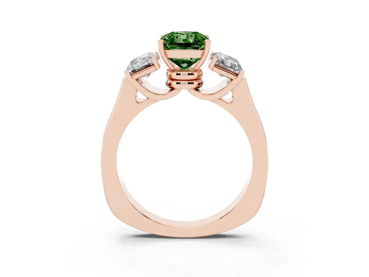 Fancy Green Three-Stone Radiant Cut Brilliant Diamond Trellis Ring with Comfort Fit Band Rose gold