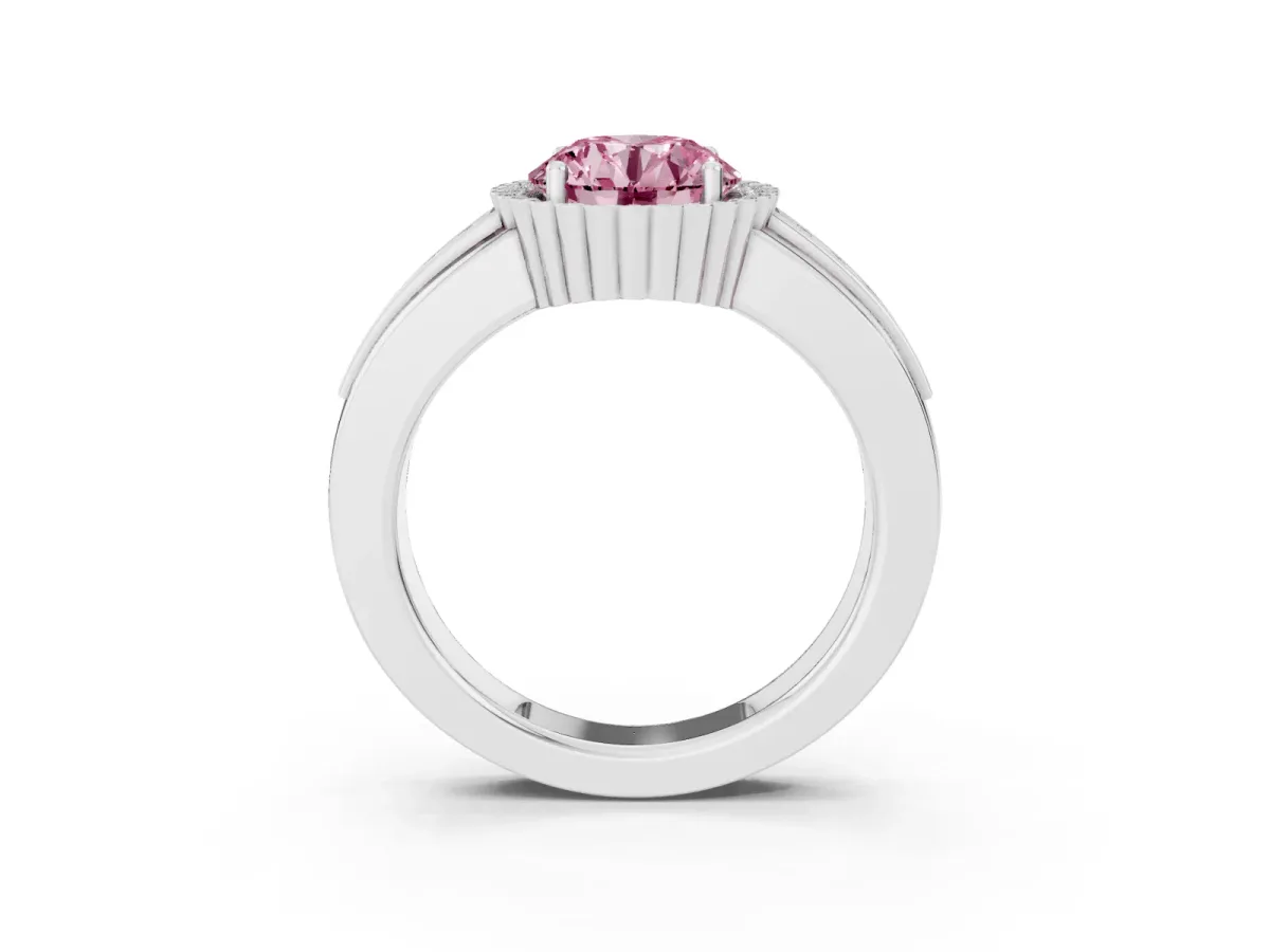 Fancy Pink Round Cut Cut Halo Pave Band Four-Prong Ring Platinum