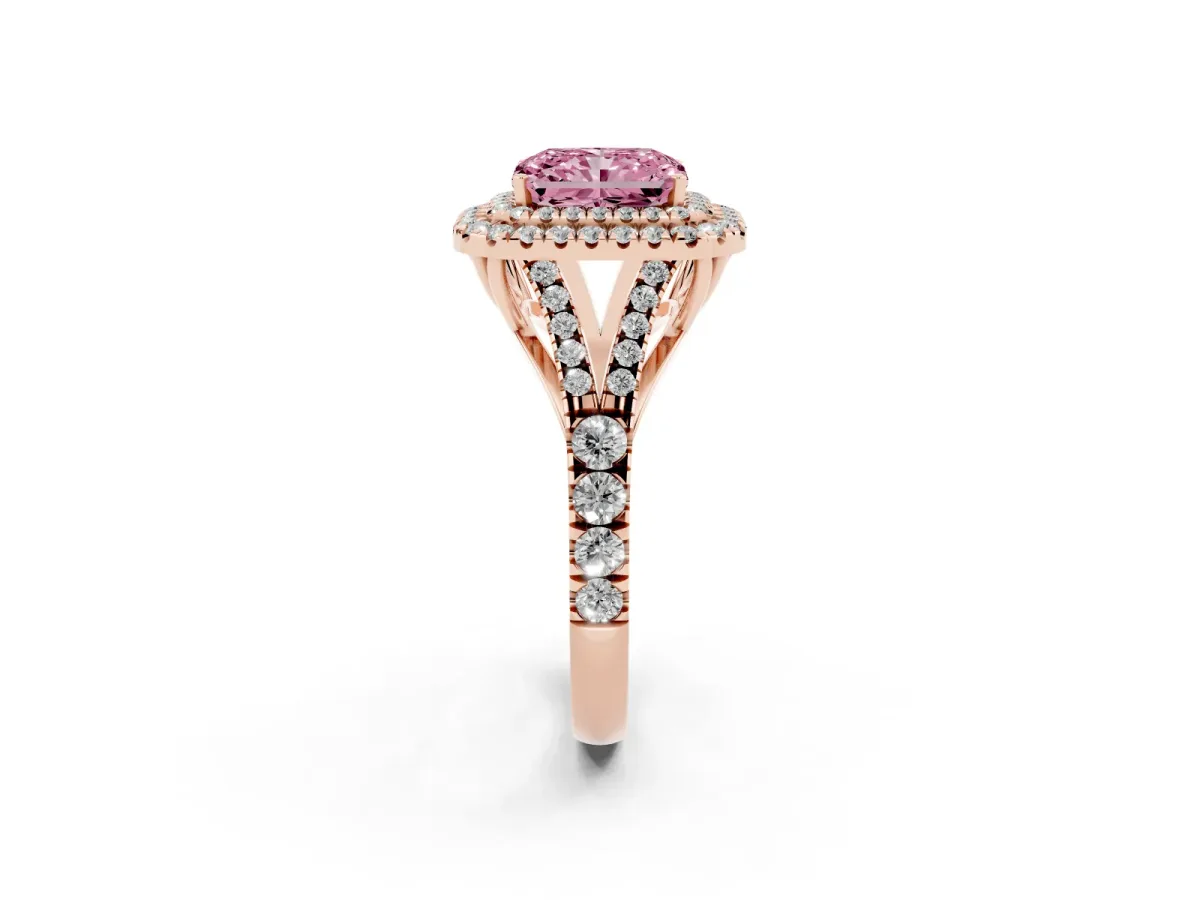 Fancy Pink Double Halo Radiant Cut Diamond Split Shank Engagement Ring with Four-Prong Setting Rose gold