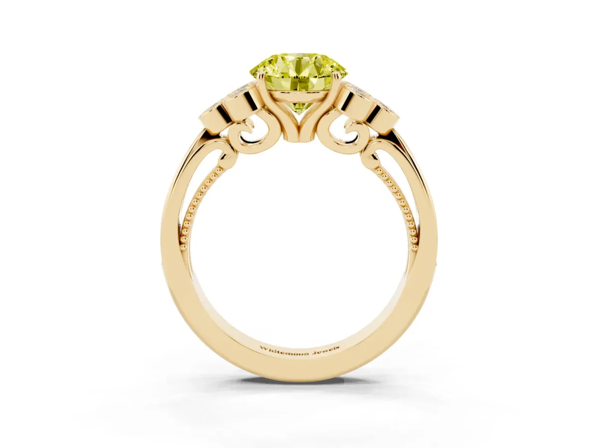 Fancy Yellow Round Cut Cut Diamond Engagement Ring with Bezel Set Round Side Stones and Prong Setting Yellow gold