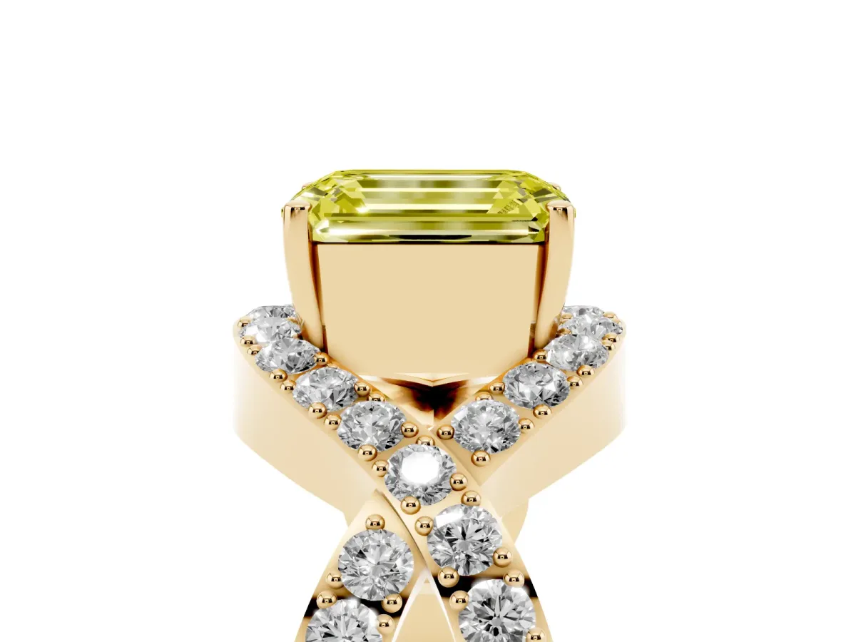 Fancy Yellow Emerald Cut Solitaire Twist Band Pavé Diamond Engagement Ring Yellow gold