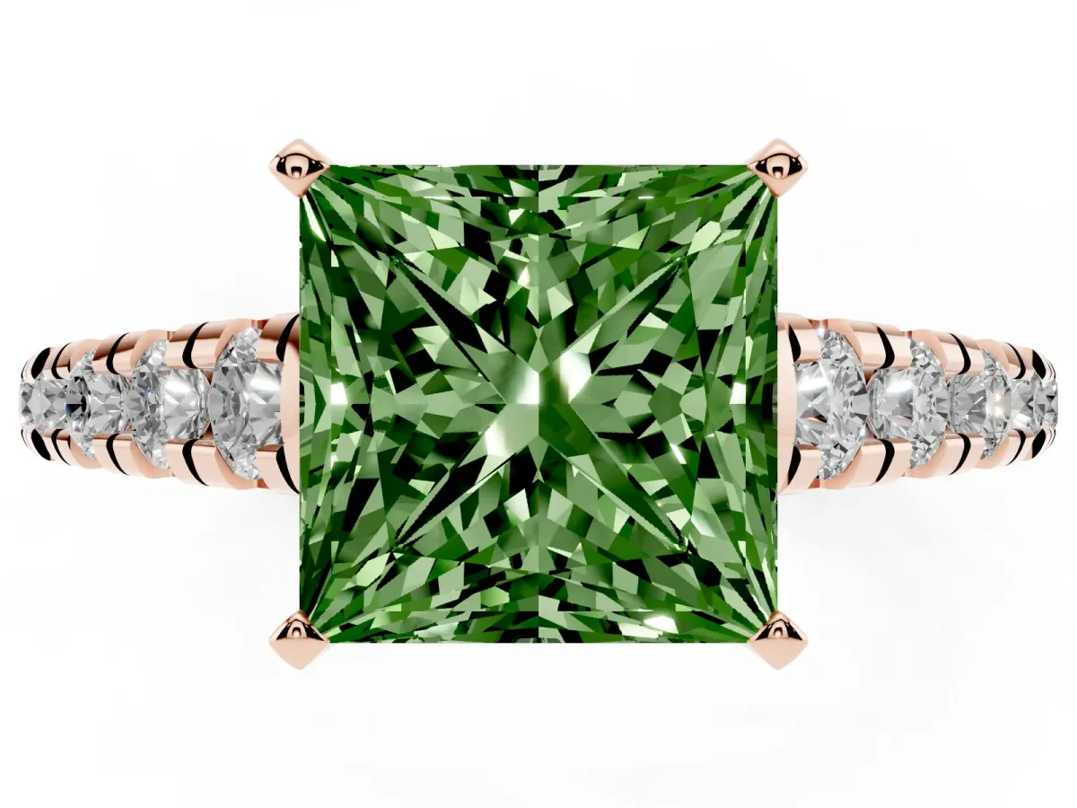 Fancy Green Princess Cut Diamond Cathedral Solitaire Ring with Round Pavé Band Rose gold