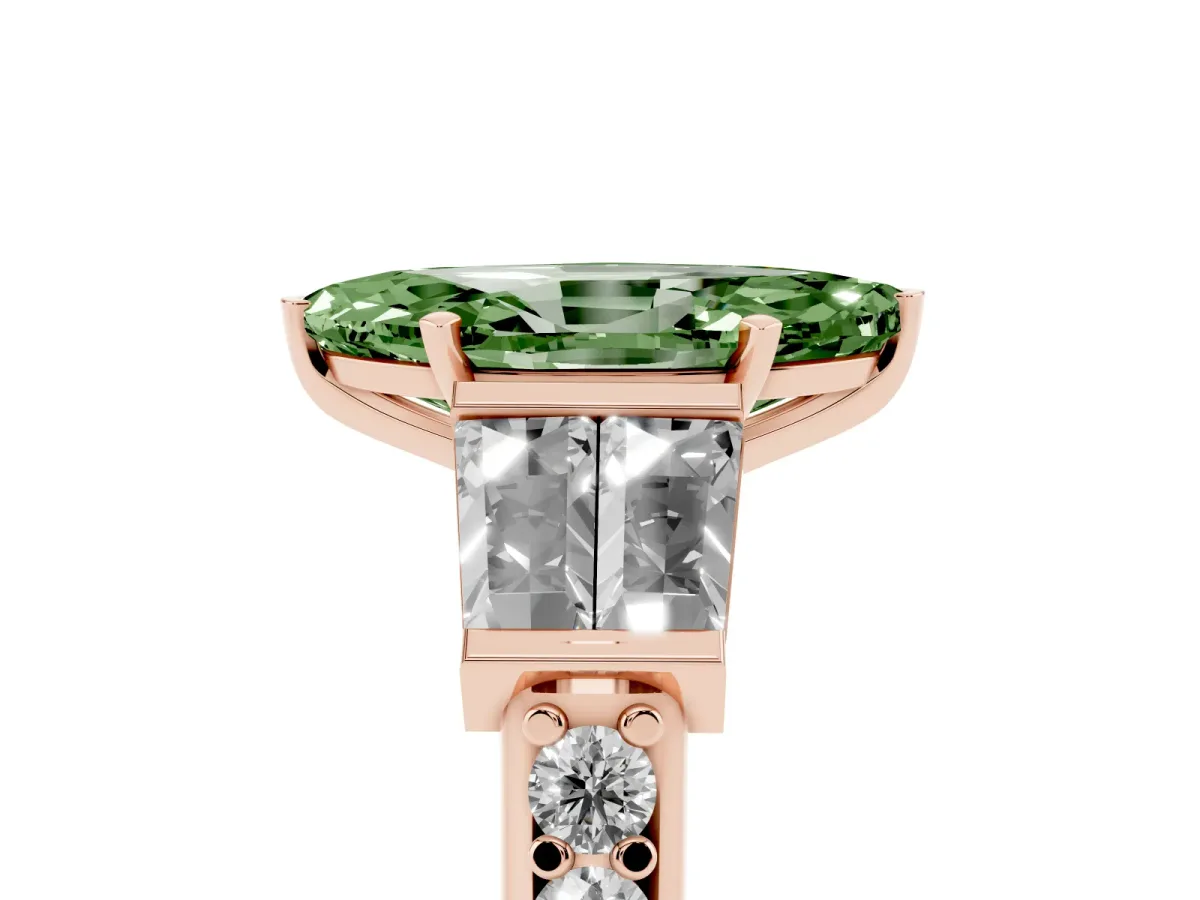 Fancy Green Marquise Cut Diamond Engagement Ring with Baguette Side Stones and Channel Set Band Rose gold