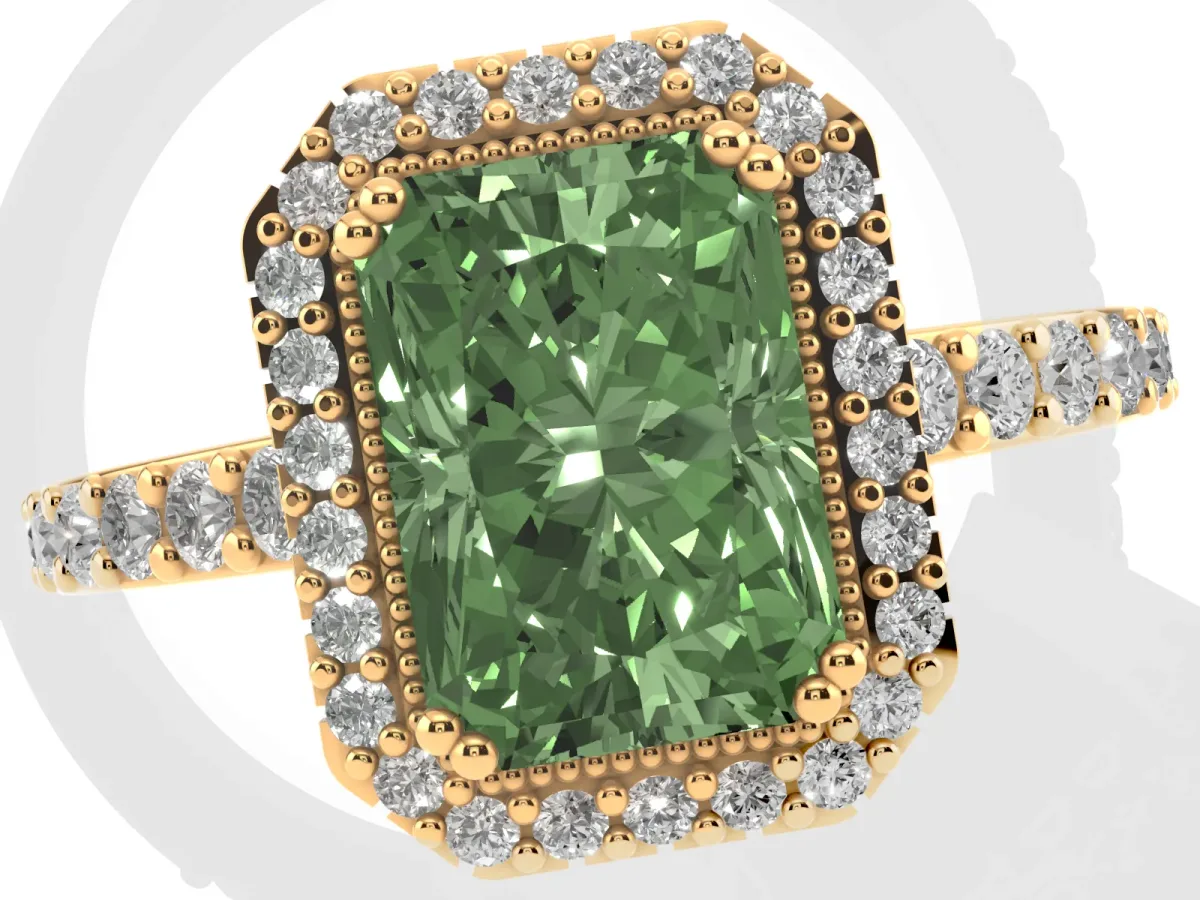 Fancy Green Radiant Cut Cut Diamond Halo Engagement Ring with Milgrain Detail and Pavé Band Yellow gold