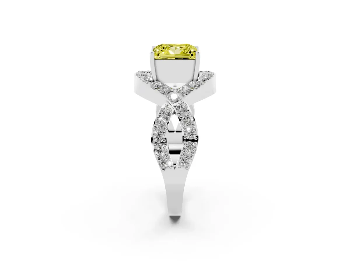 Fancy Yellow Princess Cut Solitaire Twist Band Pavé Diamond Engagement Ring Silver
