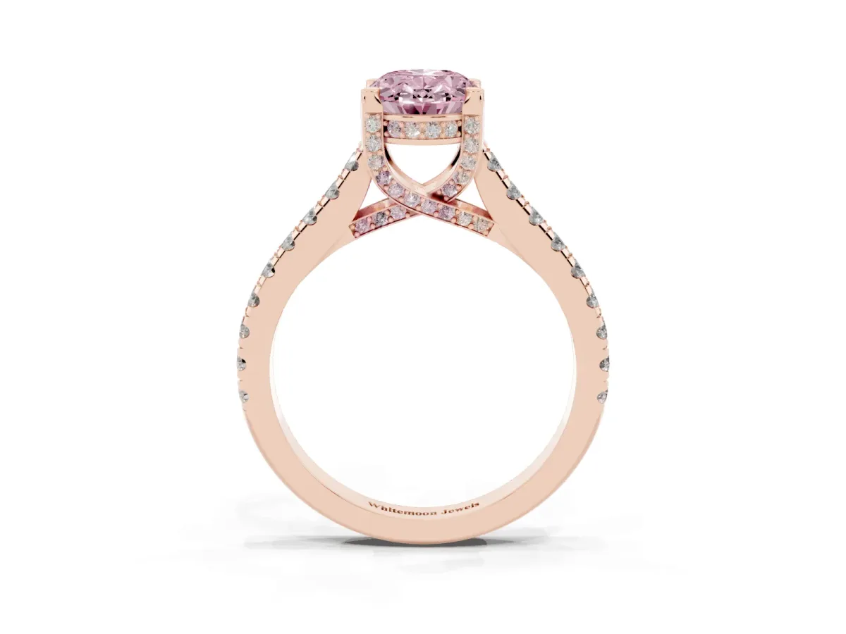 Fancy Pink Oval Cut Brilliant Diamond Solitaire with Pavé Band and Four-Prong Setting Rose gold