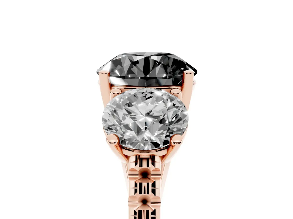 Fancy Black Three-Stone Round Cut Diamond Ring with Round Pavé Band and Prong Setting Rose gold