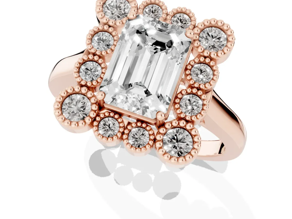 Emerald Cut Halo Diamond Cluster Engagement Ring with Milgrain Bezel Setting and Solitaire Band Rose gold