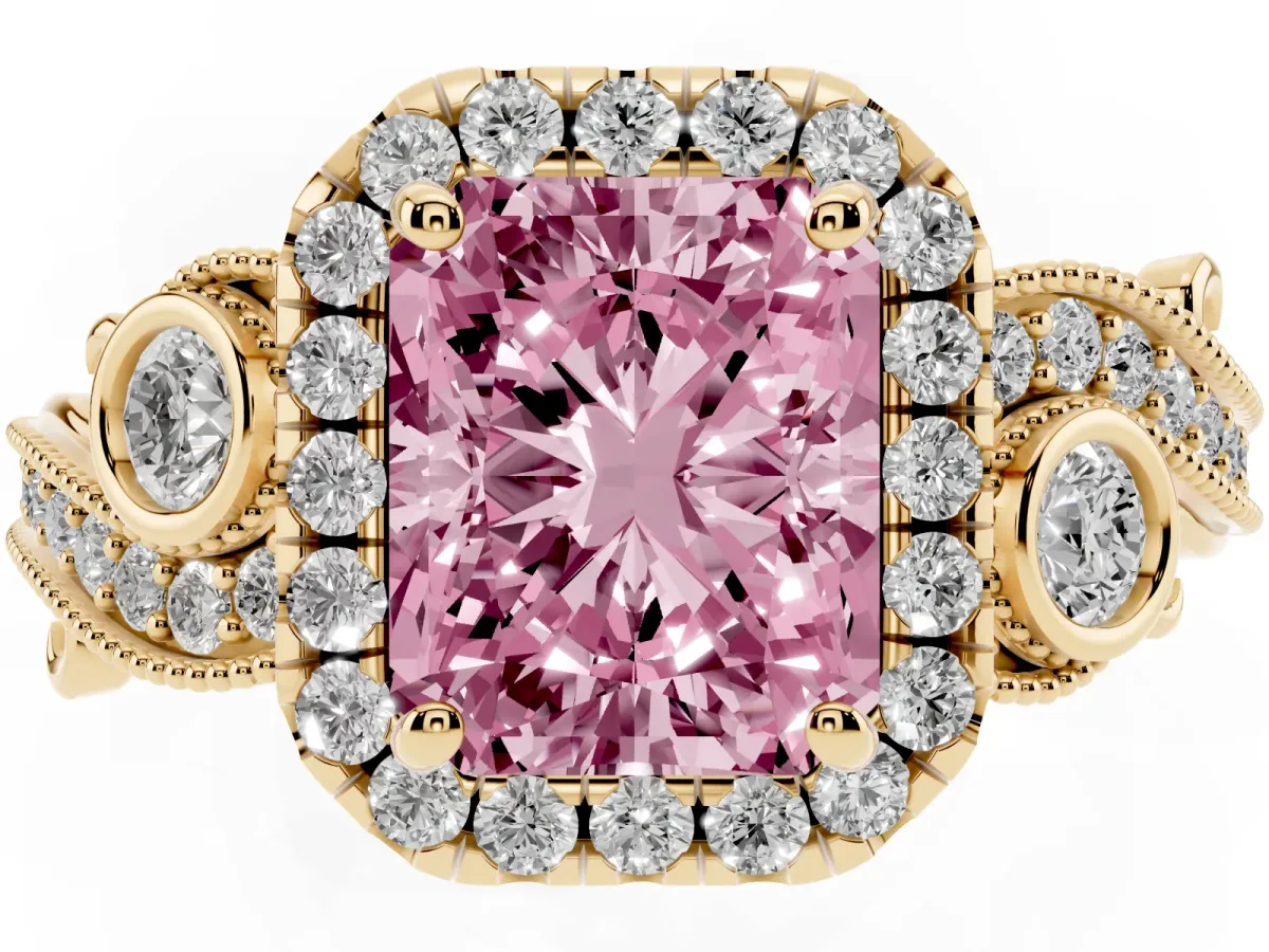 Fancy Pink Radiant Cut Diamond Halo Ring with Milgrain Pavé Band and Four-Prong Setting Yellow gold