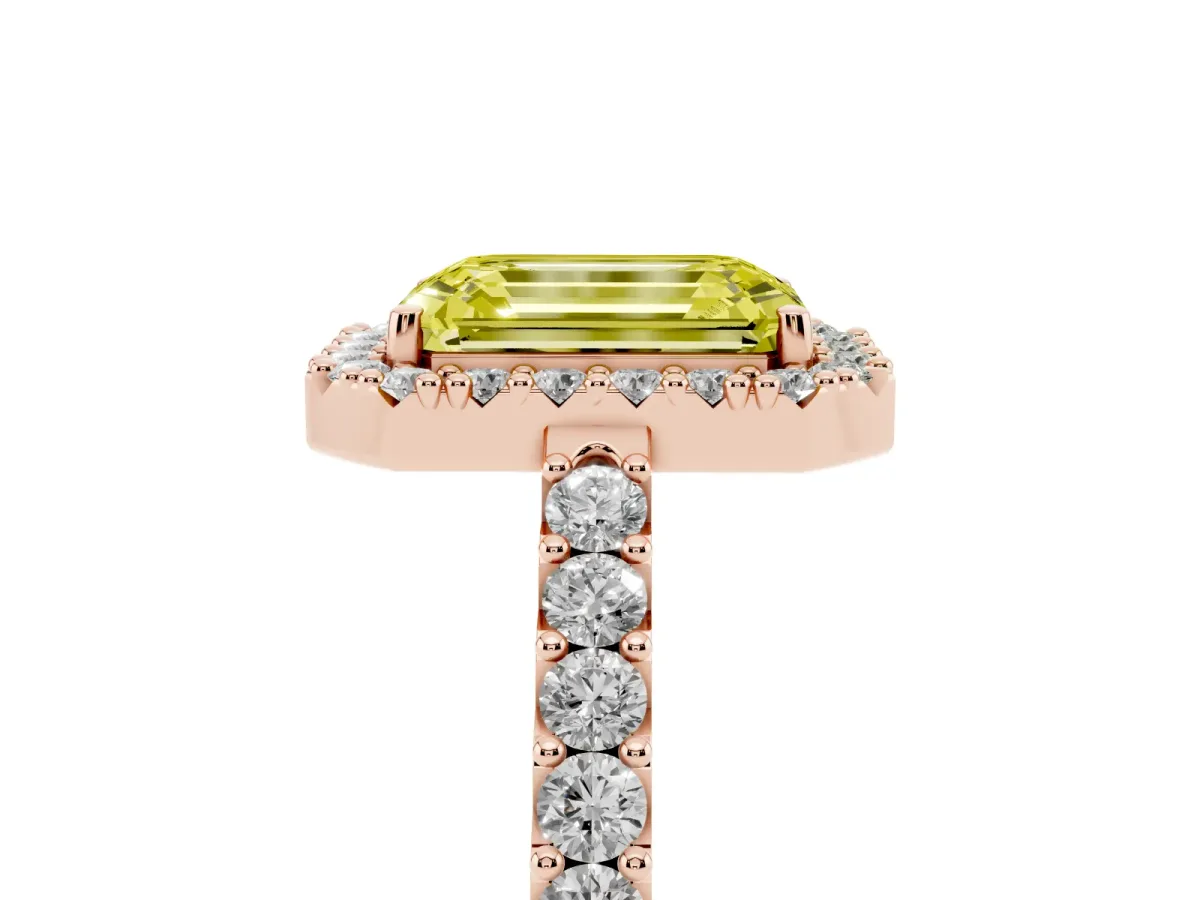 Fancy Yellow Emerald Cut Halo Diamond Pavé Solitaire Ring Rose gold