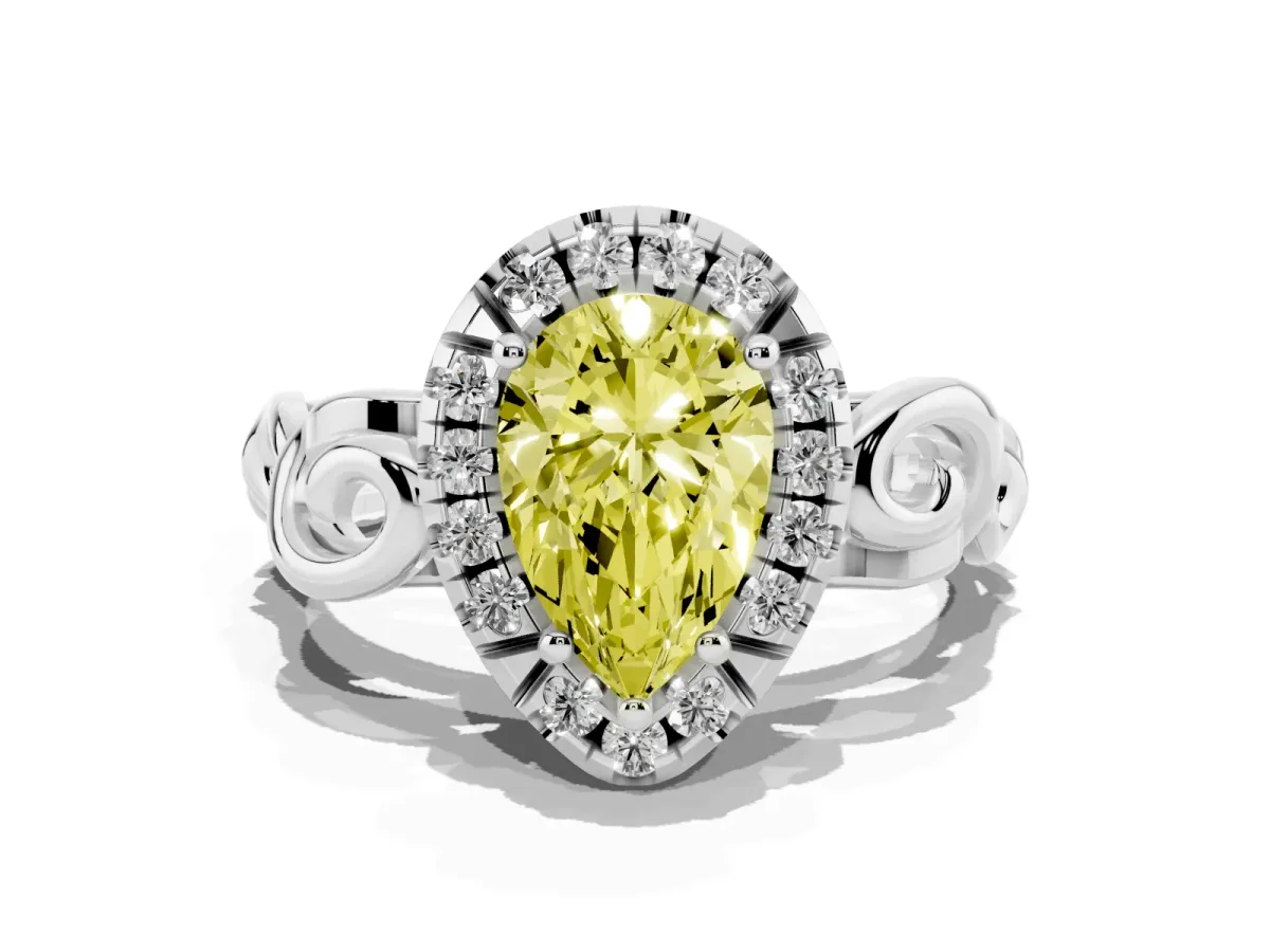 Fancy Yellow Pear Cut Cut Halo Diamond Ring with Scrollwork Band and Four-Prong Setting Silver