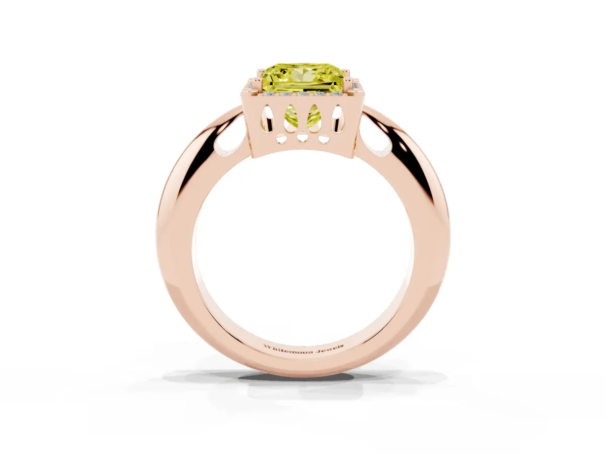 Fancy Yellow Princess Cut Cut Diamond Halo Engagement Ring with Split Shank and Four-Prong Setting Rose gold