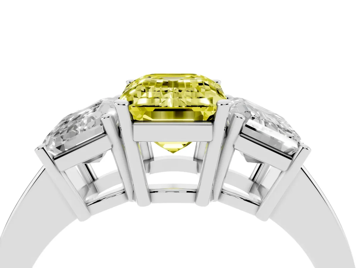 Fancy Yellow Three-Stone Emerald Cut Cut Diamond Engagement Ring with Flat Band and Four-Prong Setting Silver